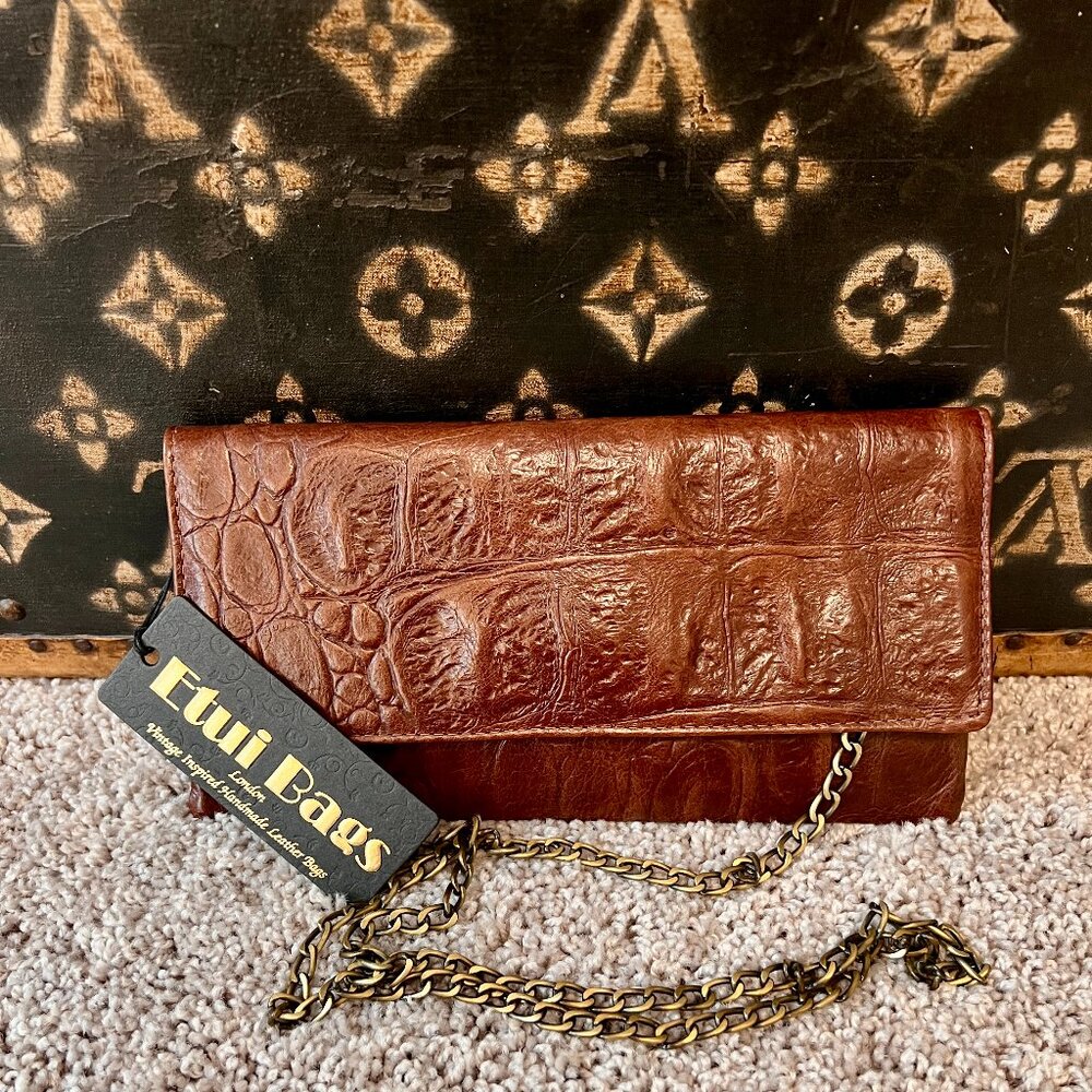 Etui Brown Croc Embossed Clutch Crossbody Bag, NEW